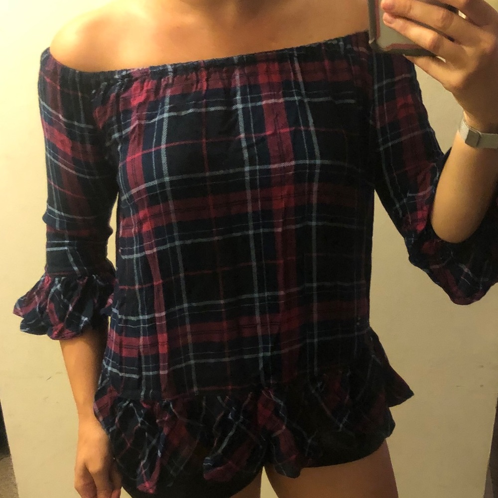 Off The Shoulder Plaid Sweater